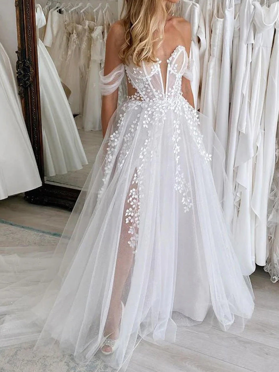 A-line Sweetheart Appliques Lace Chapel Train Tulle Corset Wedding Dress