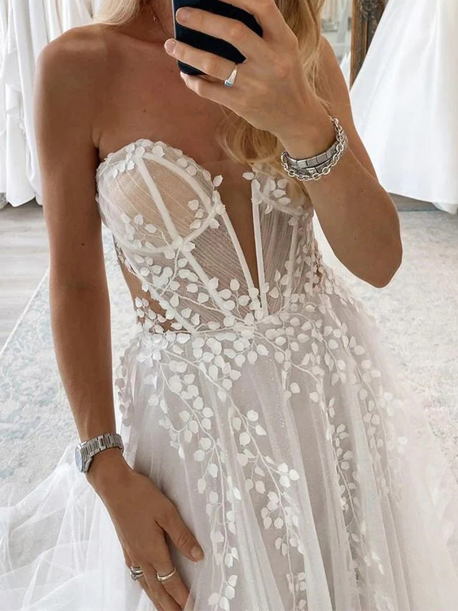 A-line Sweetheart Appliques Lace Chapel Train Tulle Corset Wedding Dress