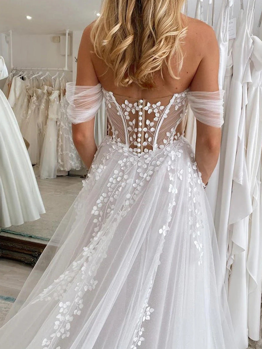 A-line Sweetheart Appliques Lace Chapel Train Tulle Corset Wedding Dress