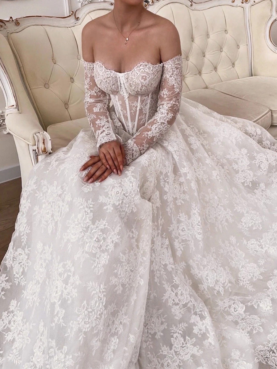 A-line Sweetheart Long Sleeves Court Train Lace Corset Wedding Dress