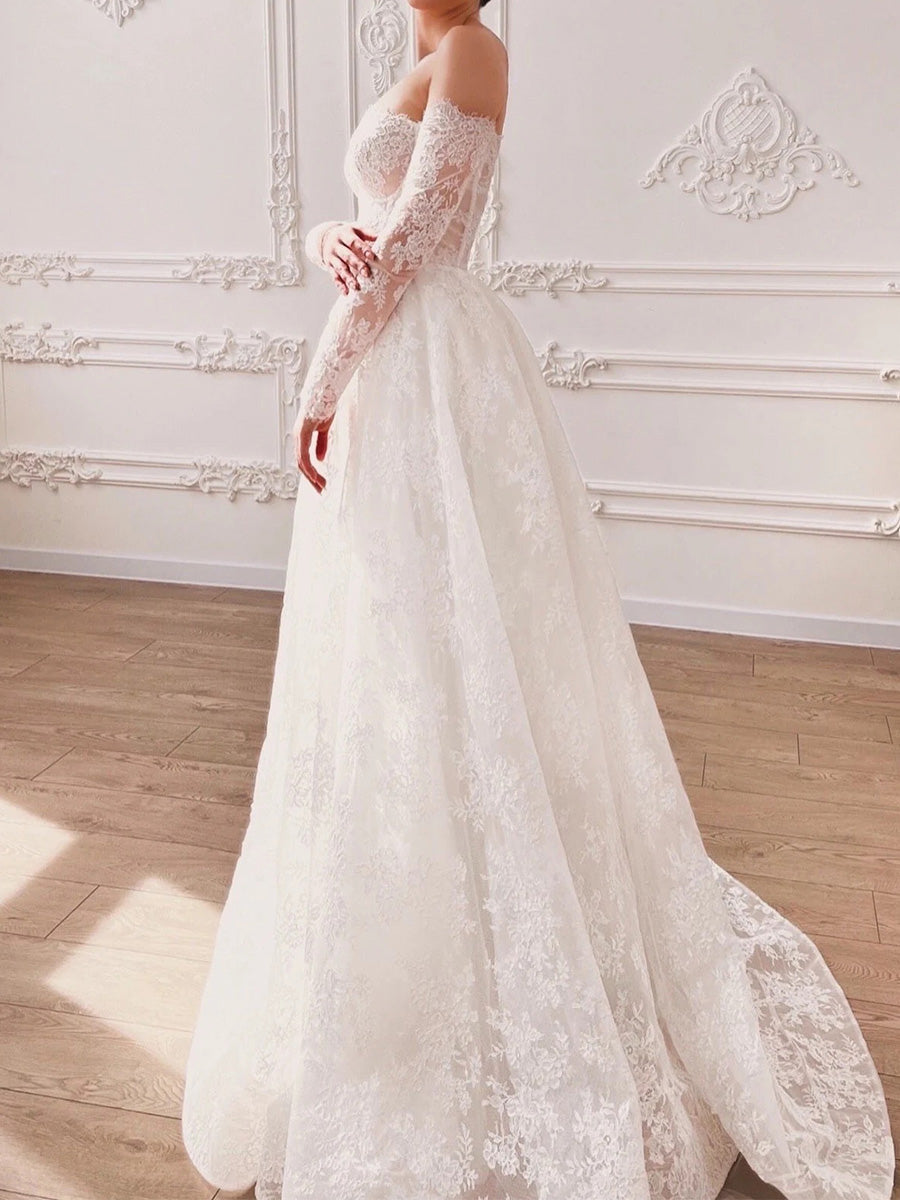 A-line Sweetheart Long Sleeves Court Train Lace Corset Wedding Dress