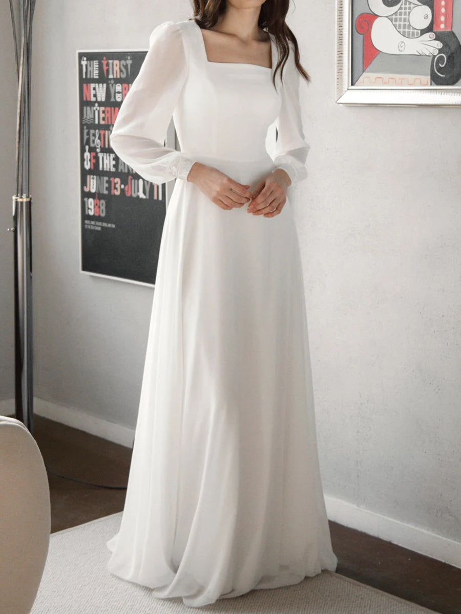 A-line Square Long Sleeves Appliques Lace Sweep Train 30D Chiffon Corset Wedding Dress