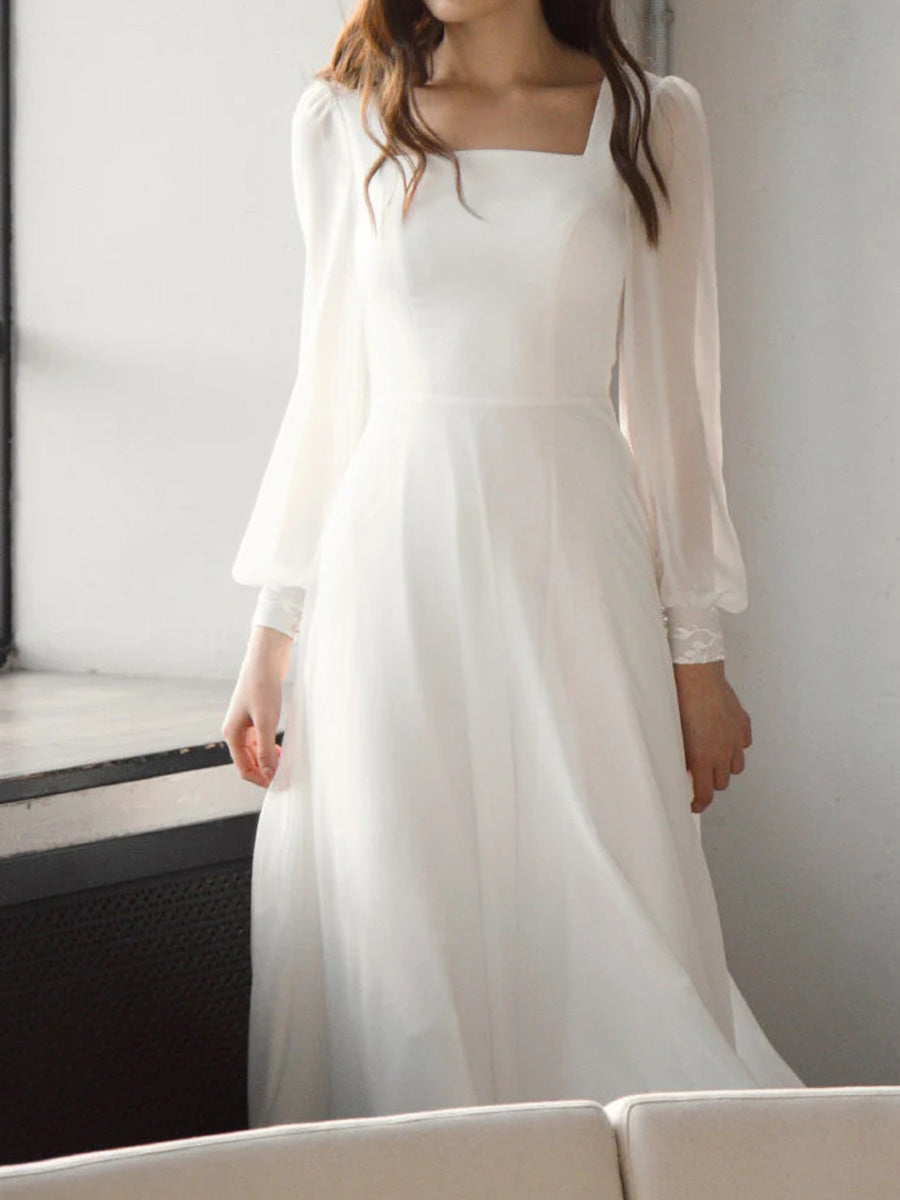 A-line Square Long Sleeves Appliques Lace Sweep Train 30D Chiffon Corset Wedding Dress