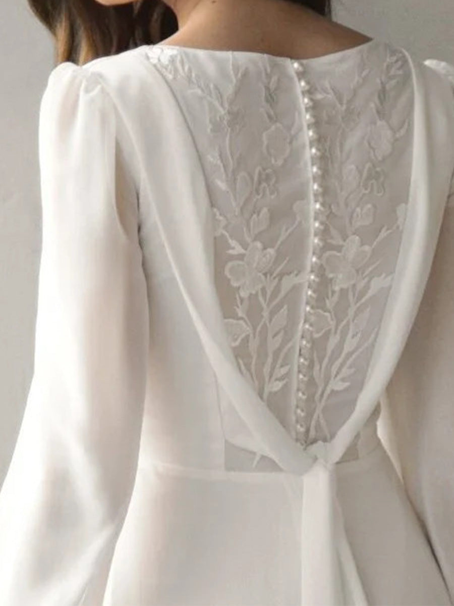 A-line Square Long Sleeves Appliques Lace Sweep Train 30D Chiffon Corset Wedding Dress