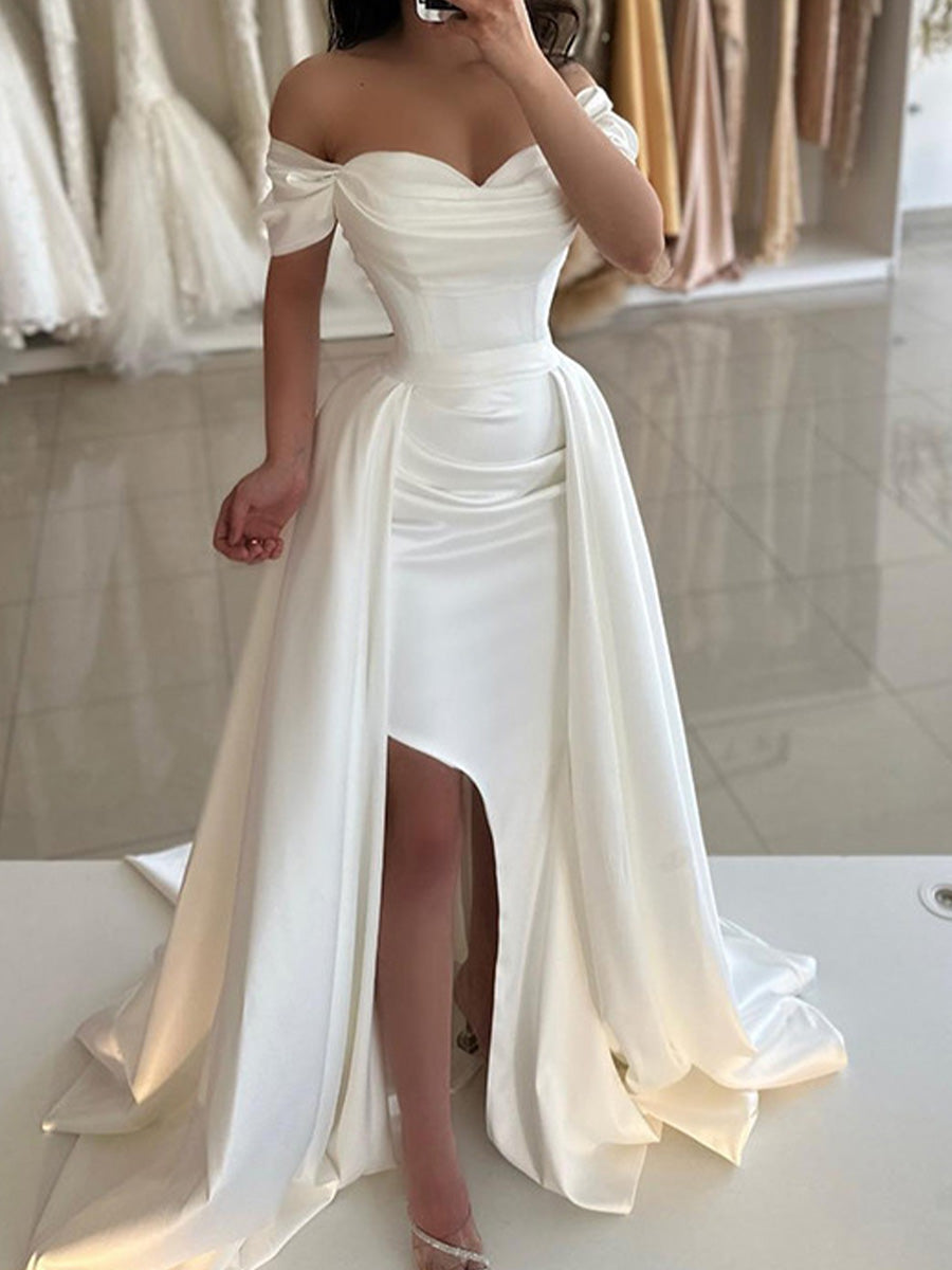 A-line Off-the-Shoulder Pleated Sweep Train Satin Corset Wedding Dress