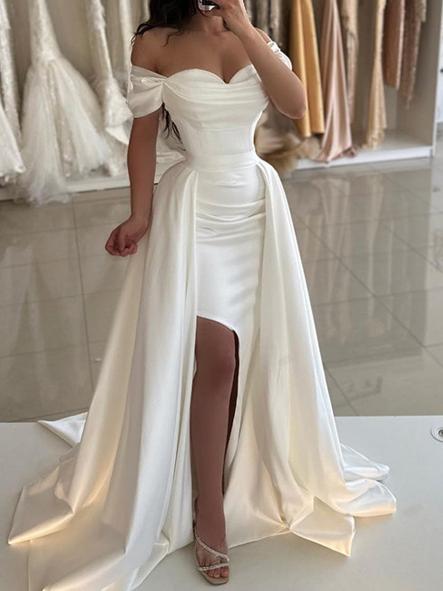 A-line Off-the-Shoulder Pleated Sweep Train Satin Corset Wedding Dress