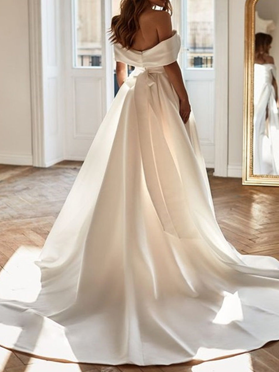 A-line Off-the-Shoulder Pleated Sweep Train Satin Corset Wedding Dress