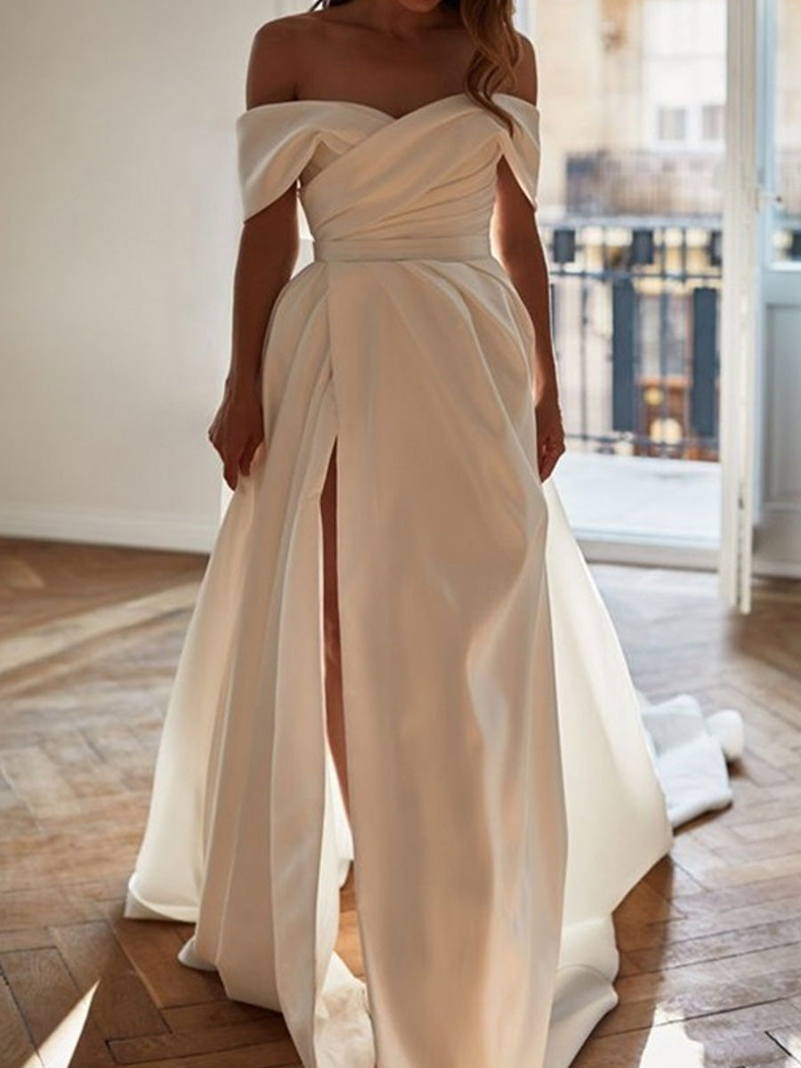 A-line Off-the-Shoulder Pleated Sweep Train Satin Corset Wedding Dress