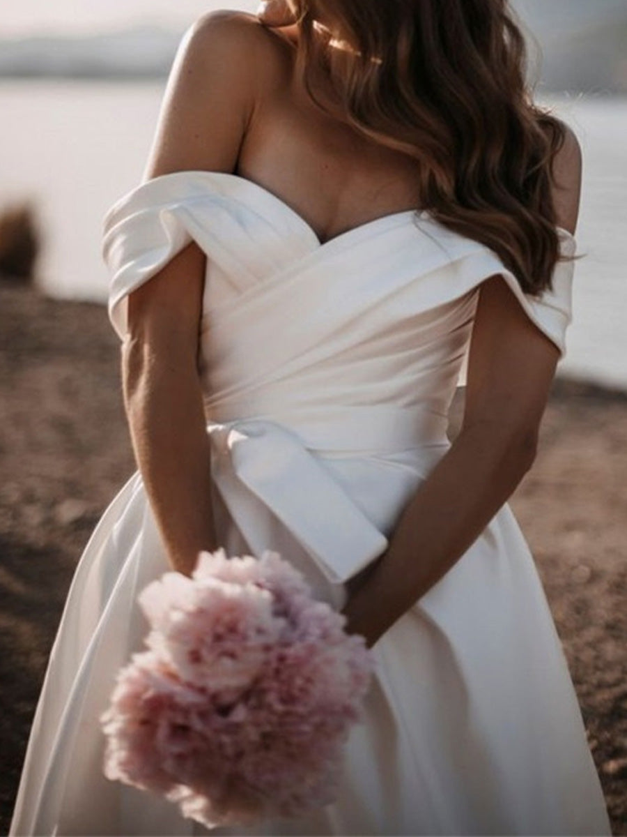A-line Off-the-Shoulder Pleated Sweep Train Satin Corset Wedding Dress