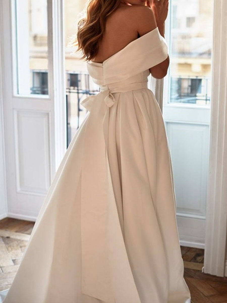 A-line Off-the-Shoulder Pleated Sweep Train Satin Corset Wedding Dress
