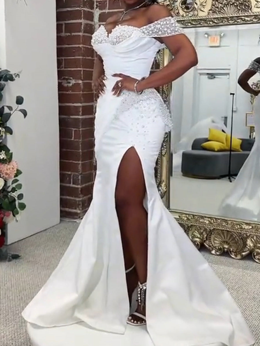 Sheath Off-the-Shoulder Pleated Sweep Train Satin Corset Wedding Dress