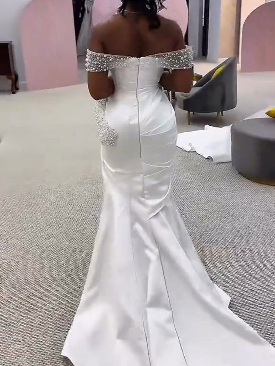 Sheath Off-the-Shoulder Pleated Sweep Train Satin Corset Wedding Dress