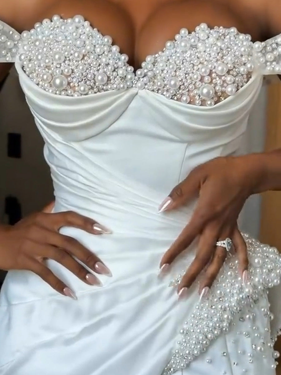 Sheath Off-the-Shoulder Pleated Sweep Train Satin Corset Wedding Dress