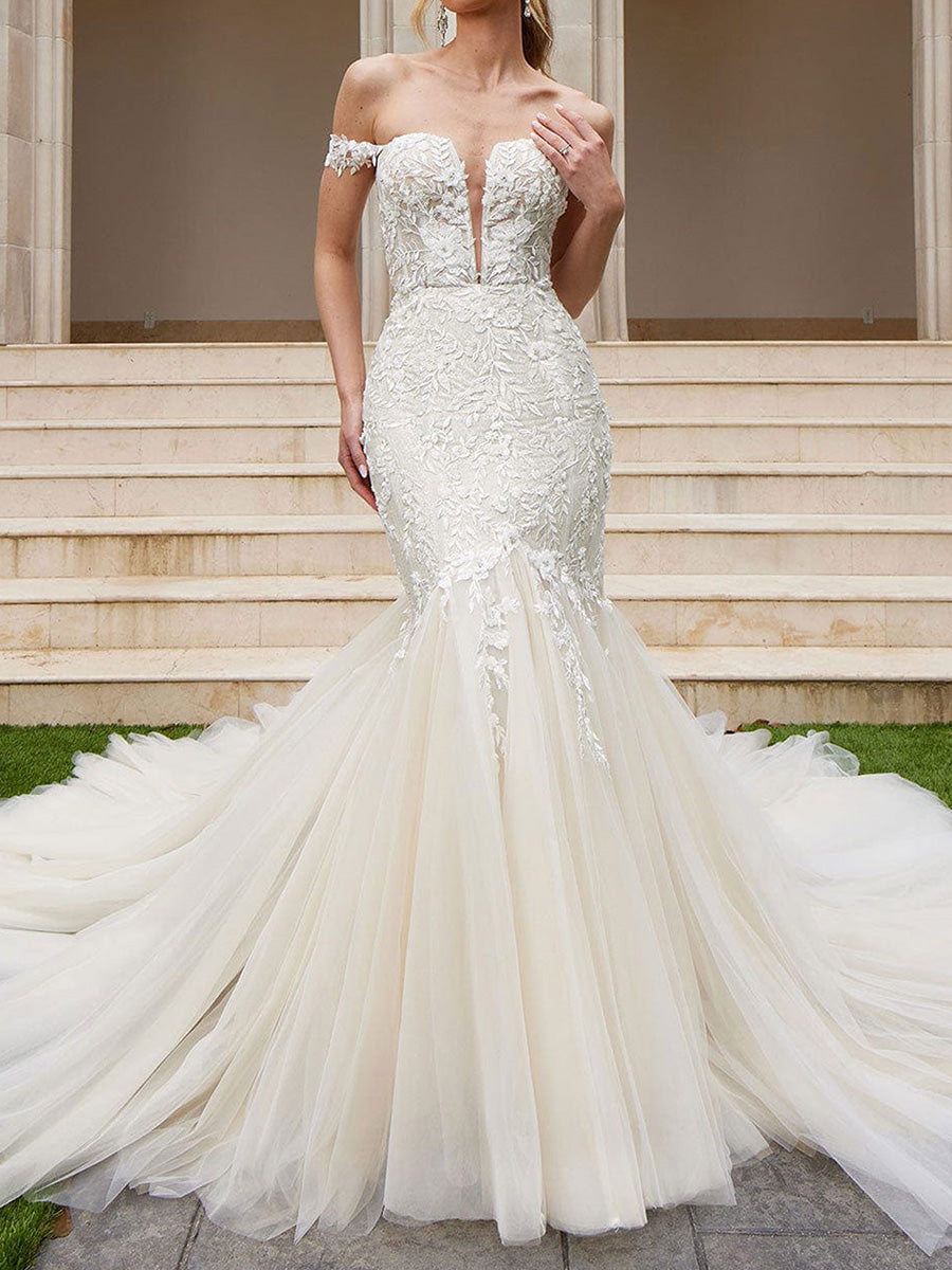 Mermaid Off-the-Shoulder Appliques Lace Chapel Train Tulle Corset Wedding Dress
