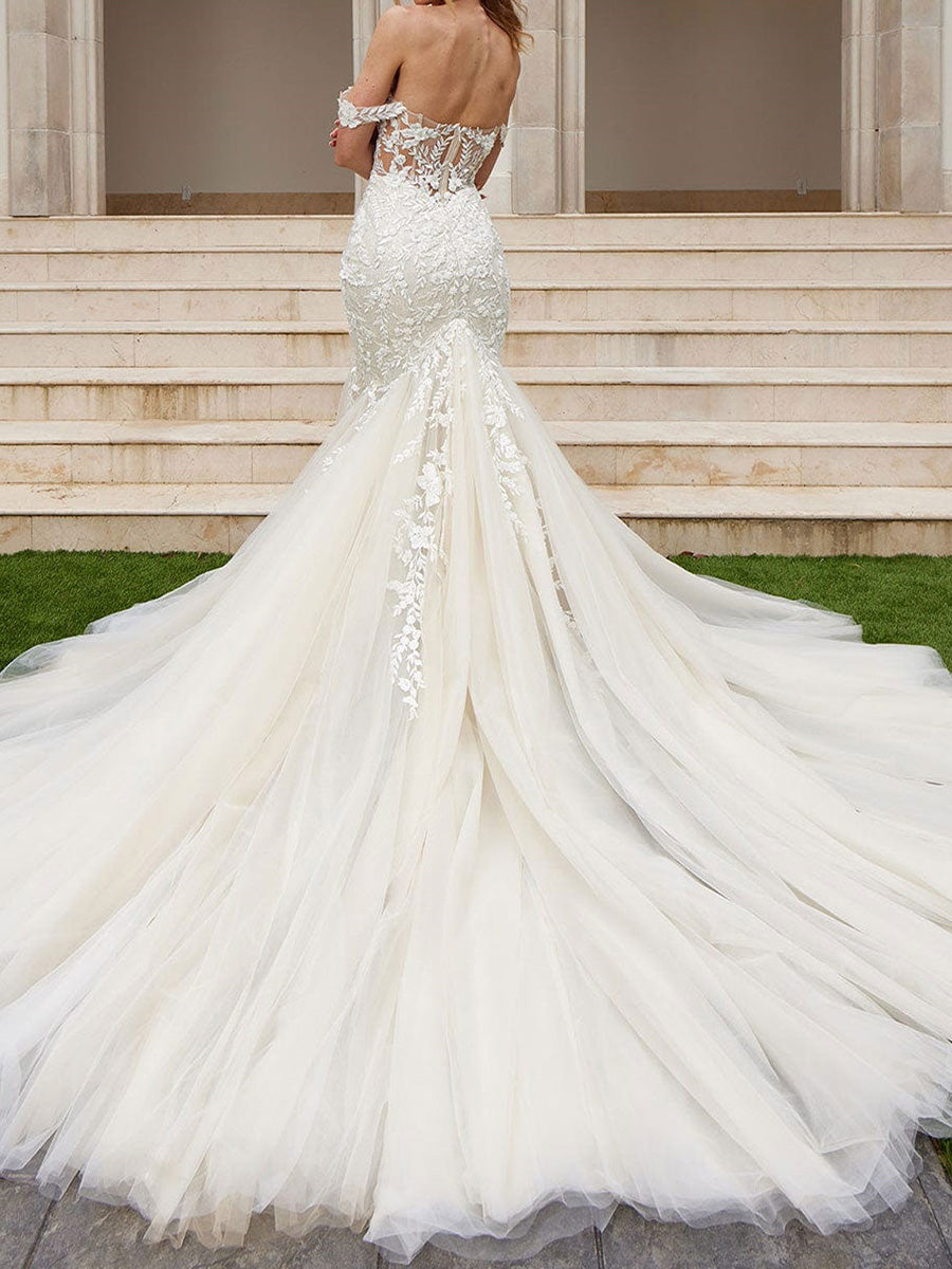 Mermaid Off-the-Shoulder Appliques Lace Chapel Train Tulle Corset Wedding Dress