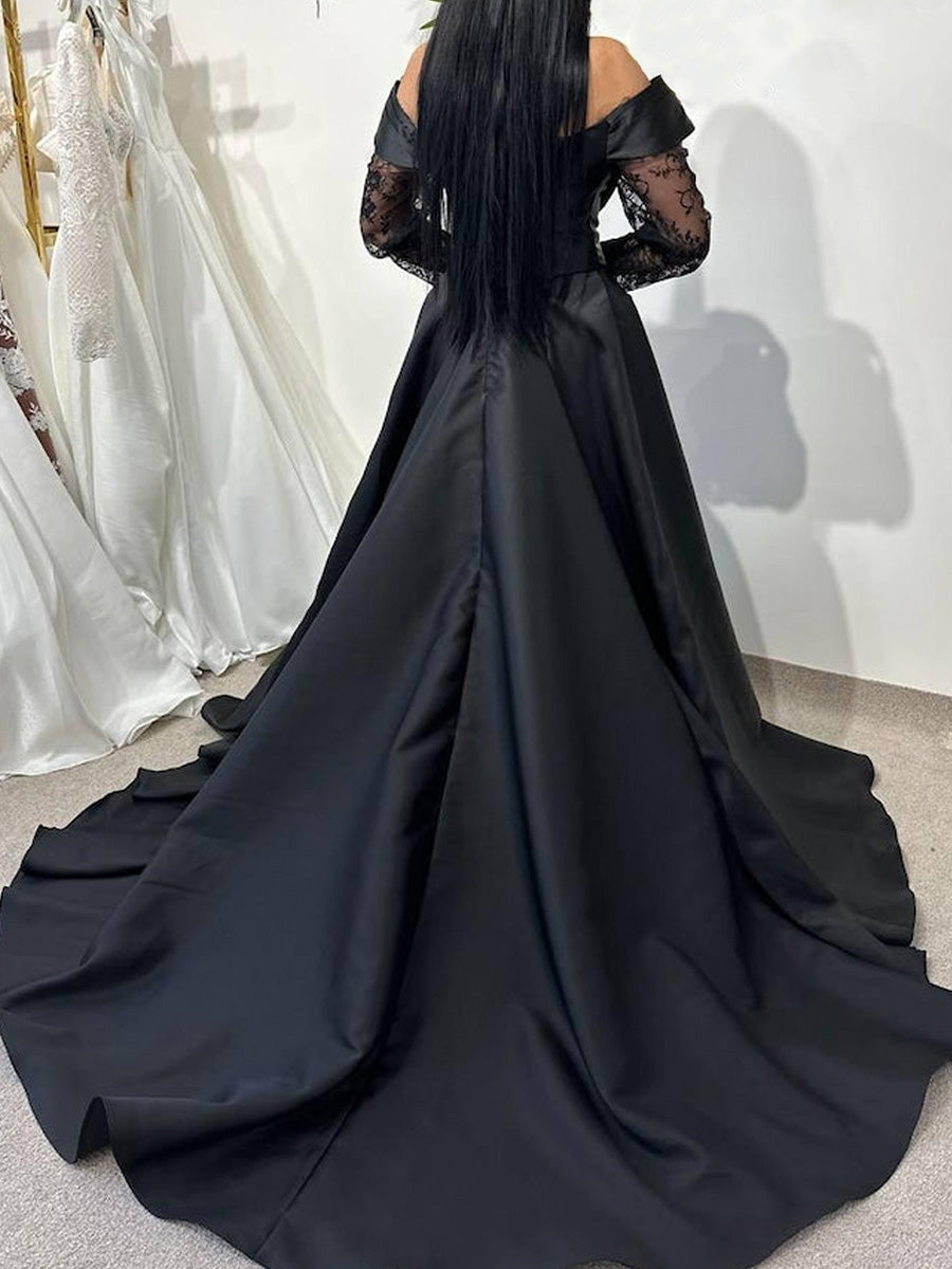 A-line Off-the-Shoulder Long Sleeves Lace Sweep Train Satin Corset Wedding Dress