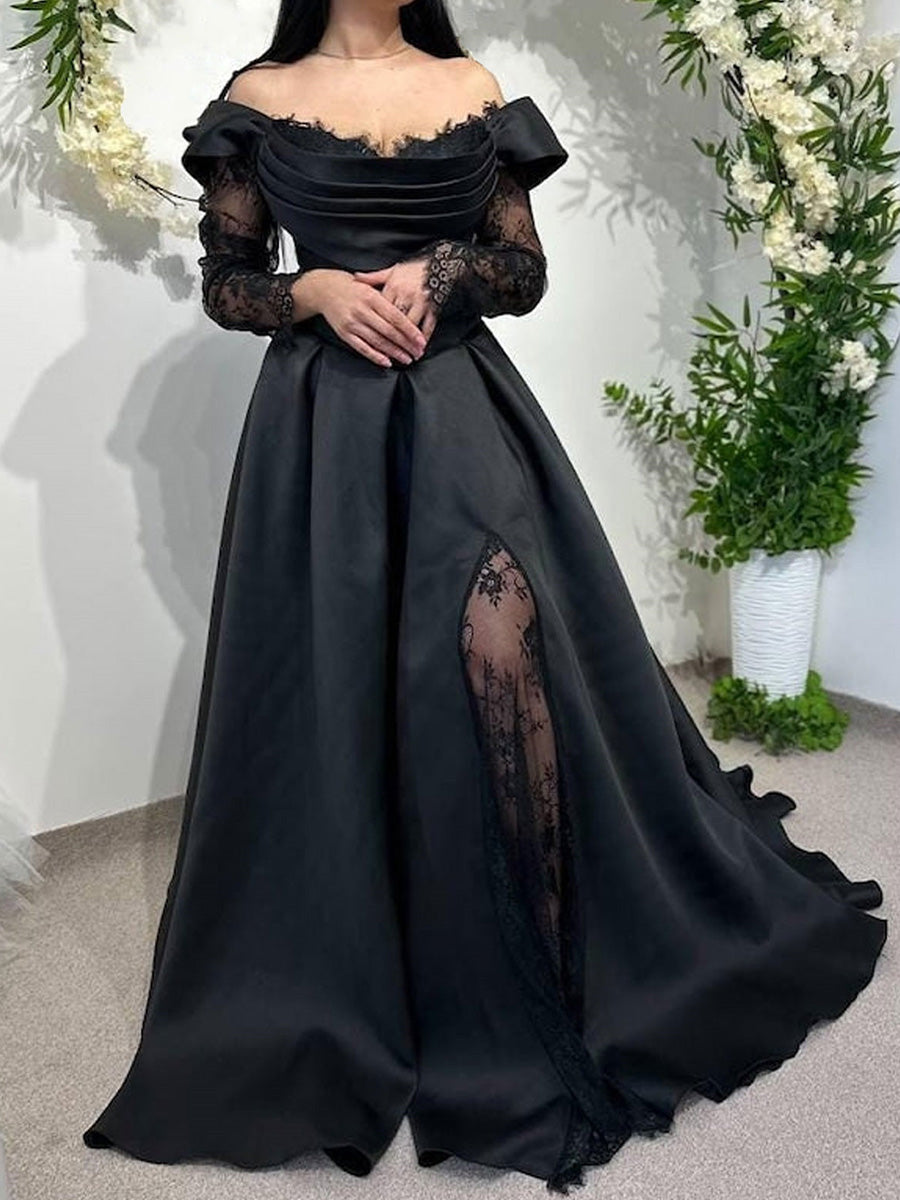 A-line Off-the-Shoulder Long Sleeves Lace Sweep Train Satin Corset Wedding Dress