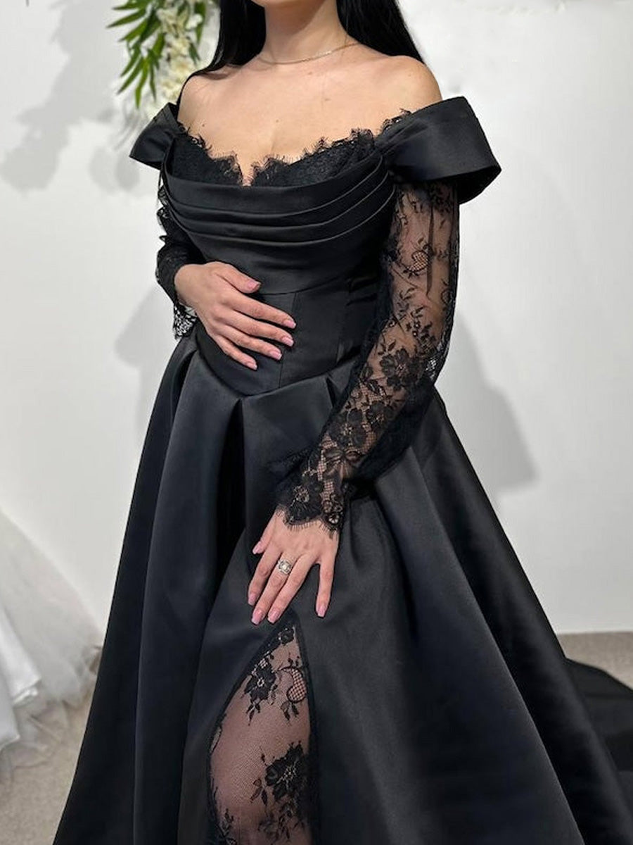 A-line Off-the-Shoulder Long Sleeves Lace Sweep Train Satin Corset Wedding Dress