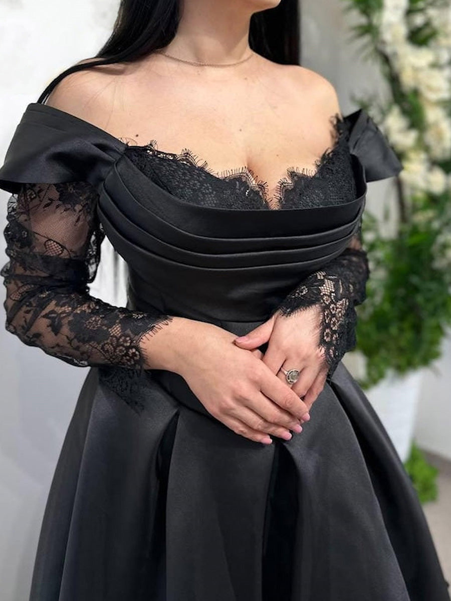A-line Off-the-Shoulder Long Sleeves Lace Sweep Train Satin Corset Wedding Dress