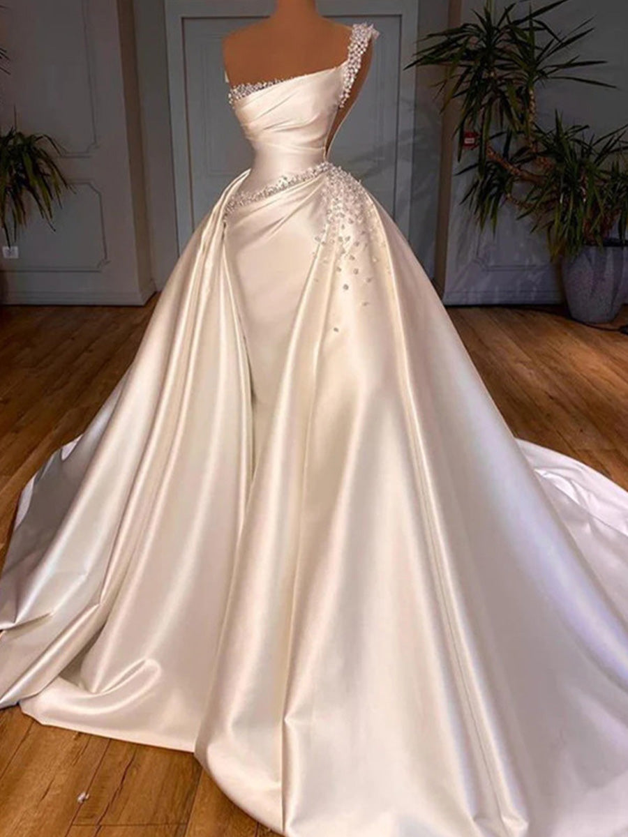 A-line One-Shoulder Beading Chapel Train Satin Corset Wedding Dress
