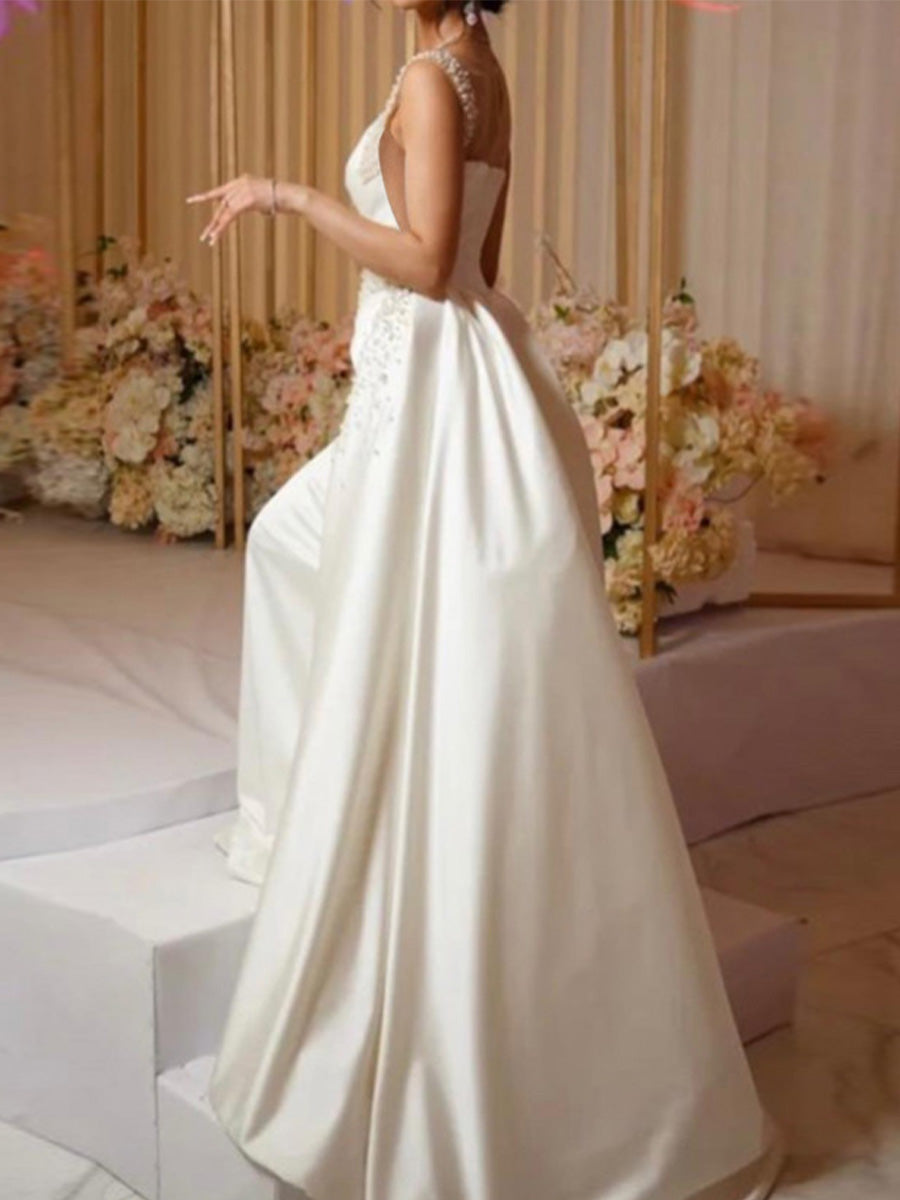 A-line One-Shoulder Beading Chapel Train Satin Corset Wedding Dress