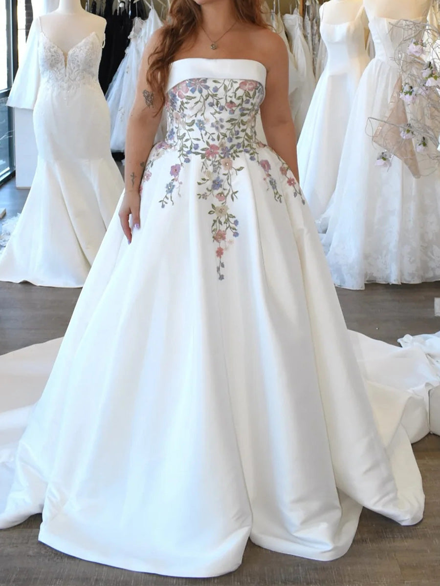 A-line Straight Embroidery Chapel Train Satin Corset Wedding Dress