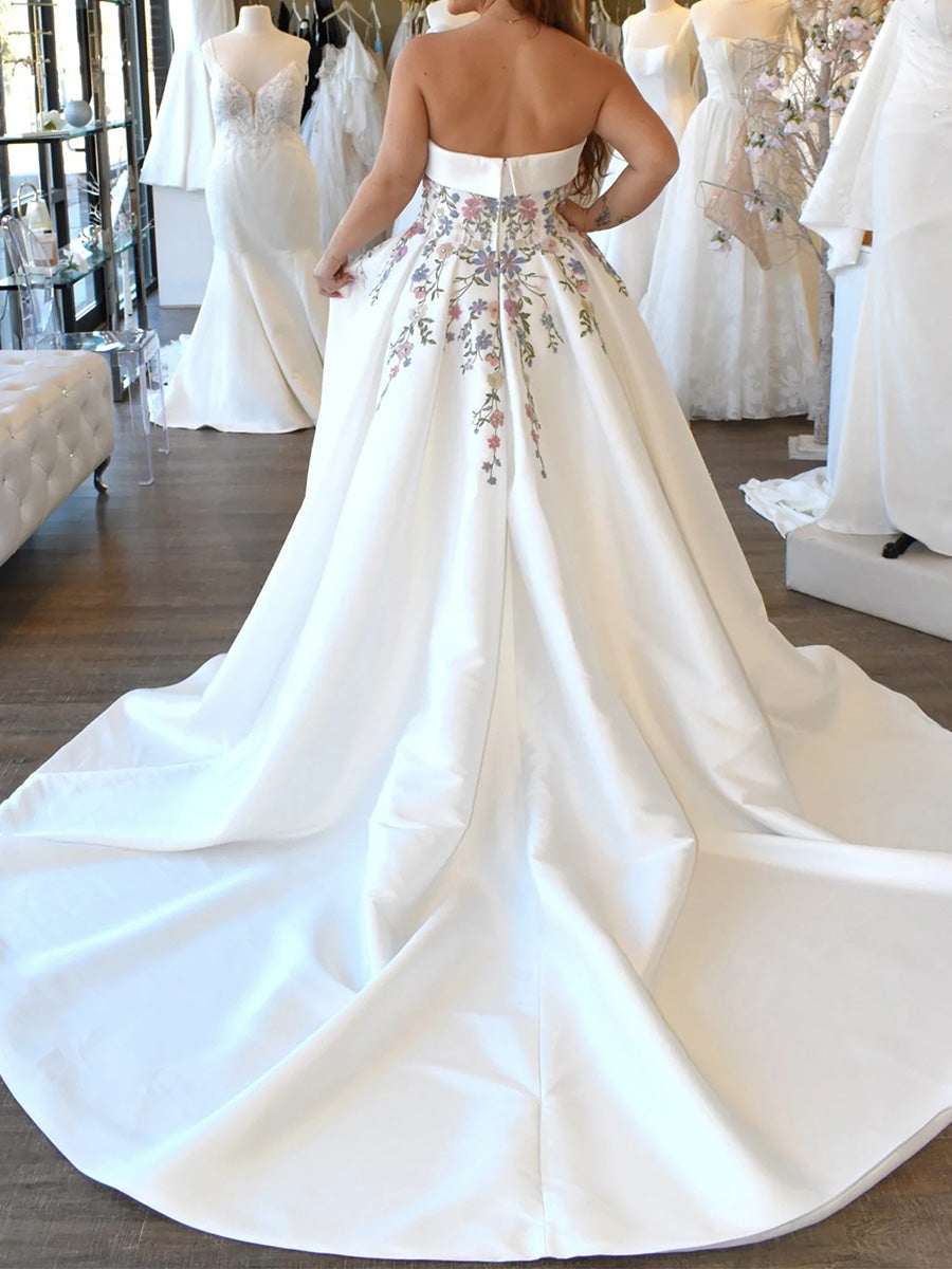 A-line Straight Embroidery Chapel Train Satin Corset Wedding Dress