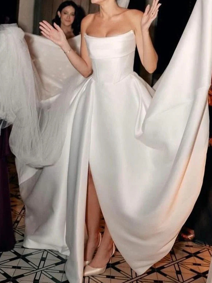 A-line Straight Pleated Chapel Train Satin Corset Wedding Dress