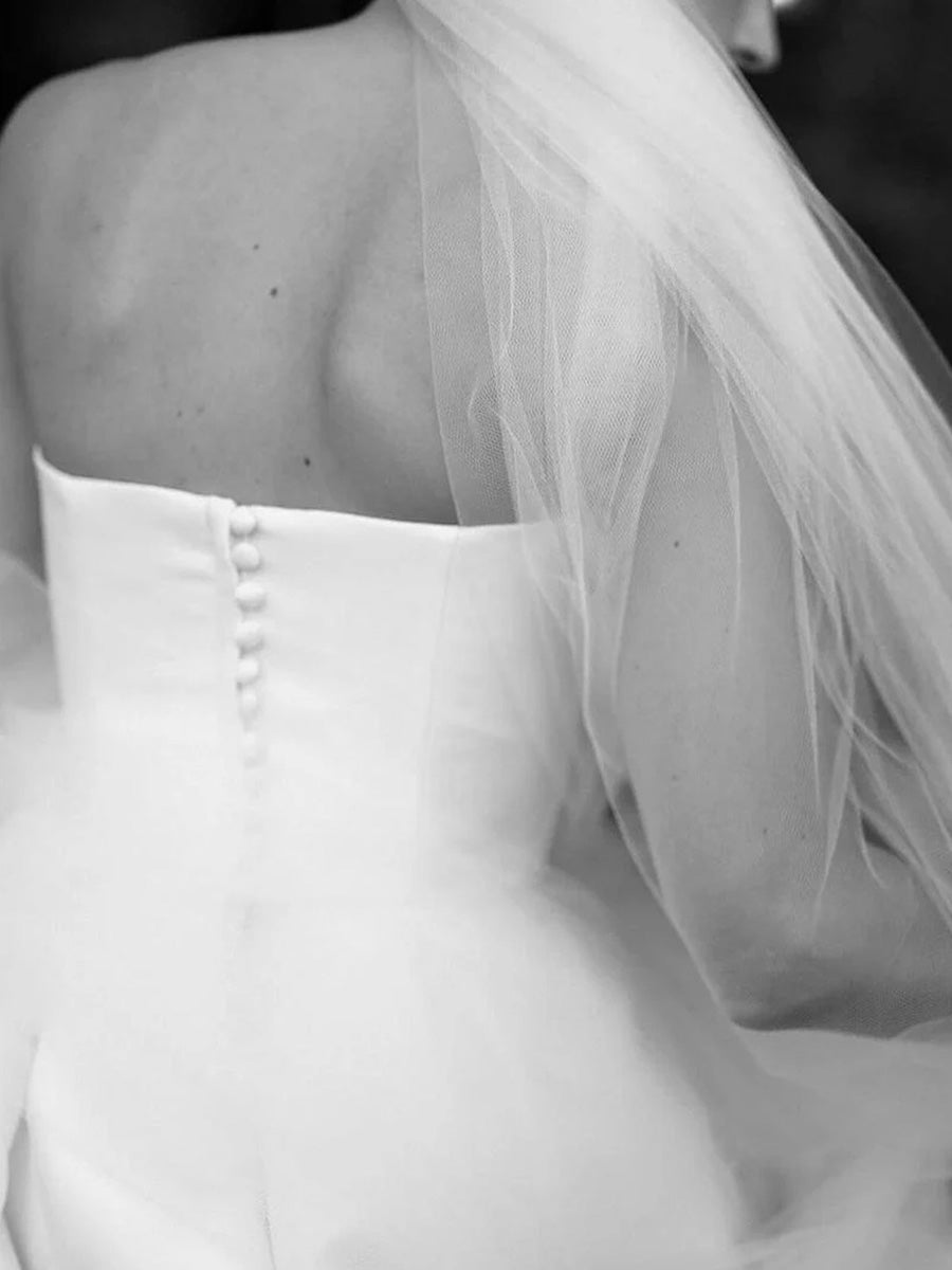 A-line Straight Pleated Chapel Train Satin Corset Wedding Dress