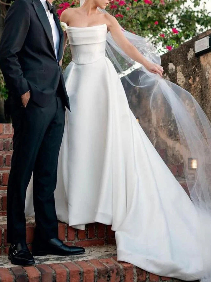 A-line Straight Pleated Chapel Train Satin Corset Wedding Dress
