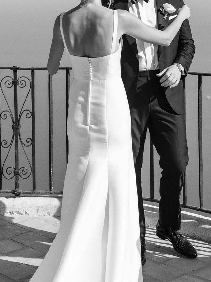 Sheath Straps Sweep Train Satin Corset Wedding Dress