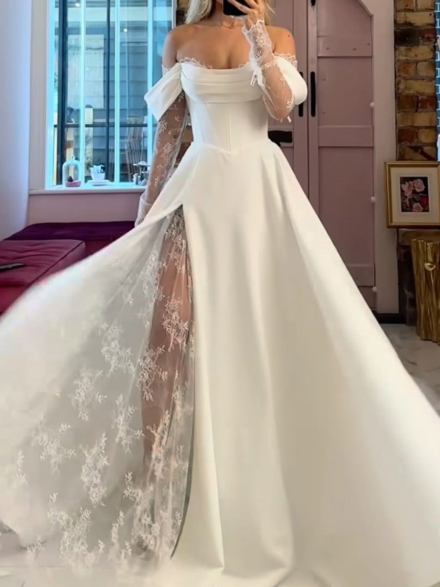 A-line Off-the-Shoulder Long Sleeves Appliques Lace Chapel Train Stretch Crepe Corset Wedding Dress