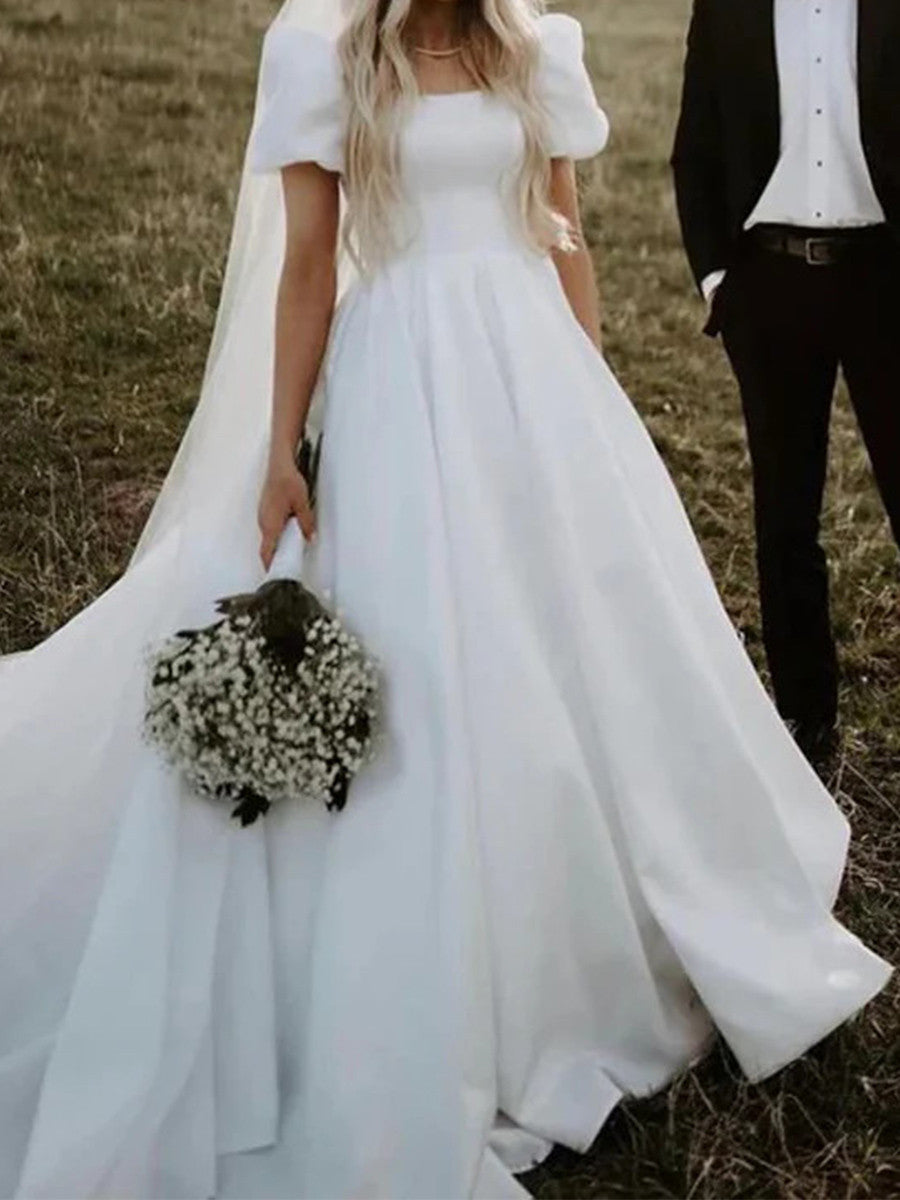 A-line Square Short Sleeves Chapel Train Satin Corset Wedding Dress