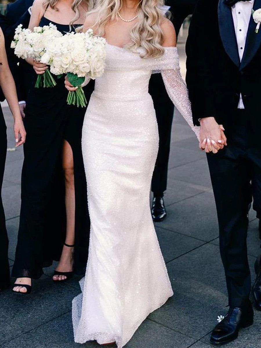Sheath Off-the-Shoulder Long Sleeves Sequin Court Train Wedding Dress