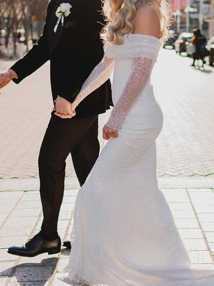 Sheath Off-the-Shoulder Long Sleeves Sequin Court Train Wedding Dress