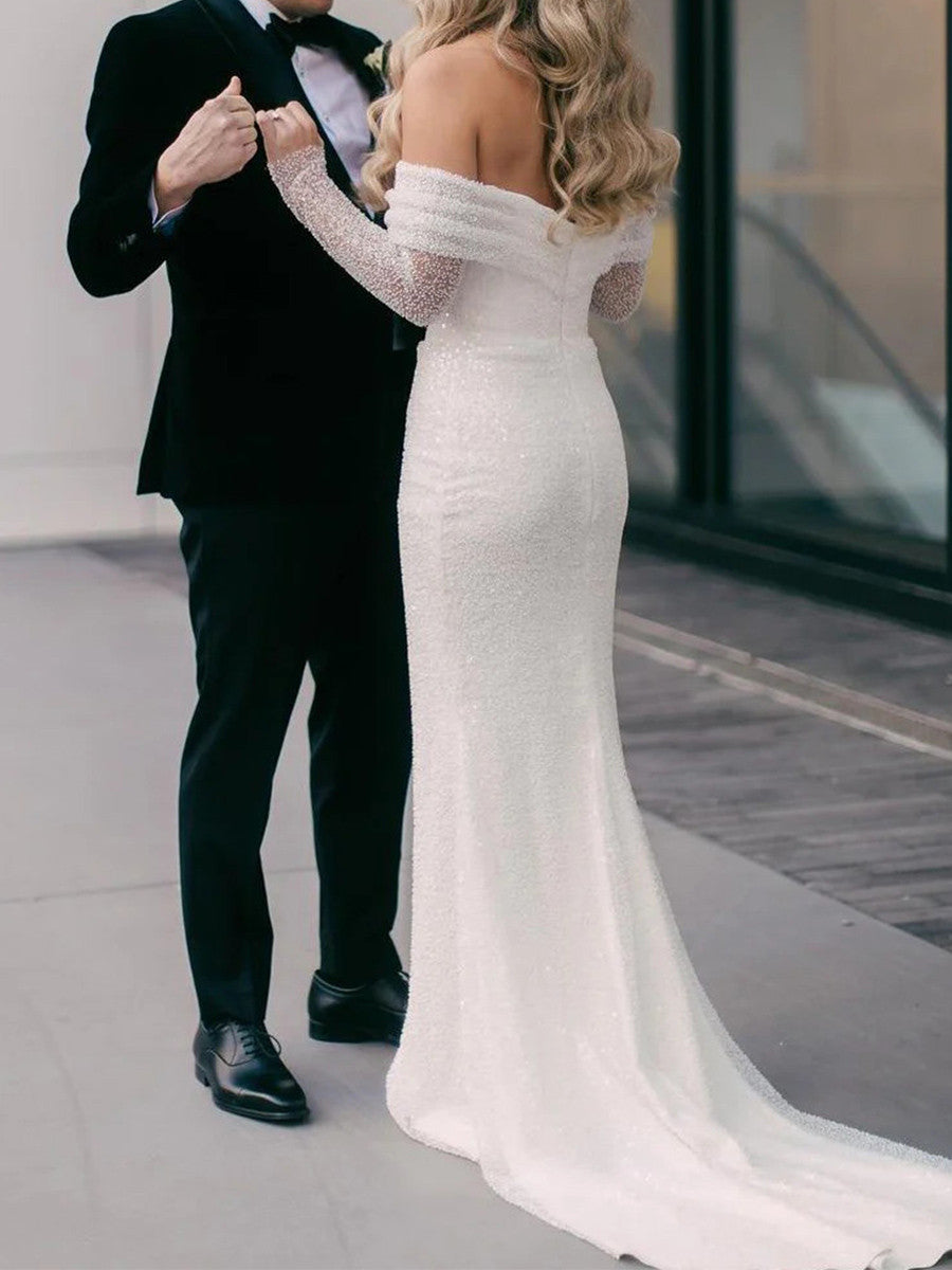 Sheath Off-the-Shoulder Long Sleeves Sequin Court Train Wedding Dress