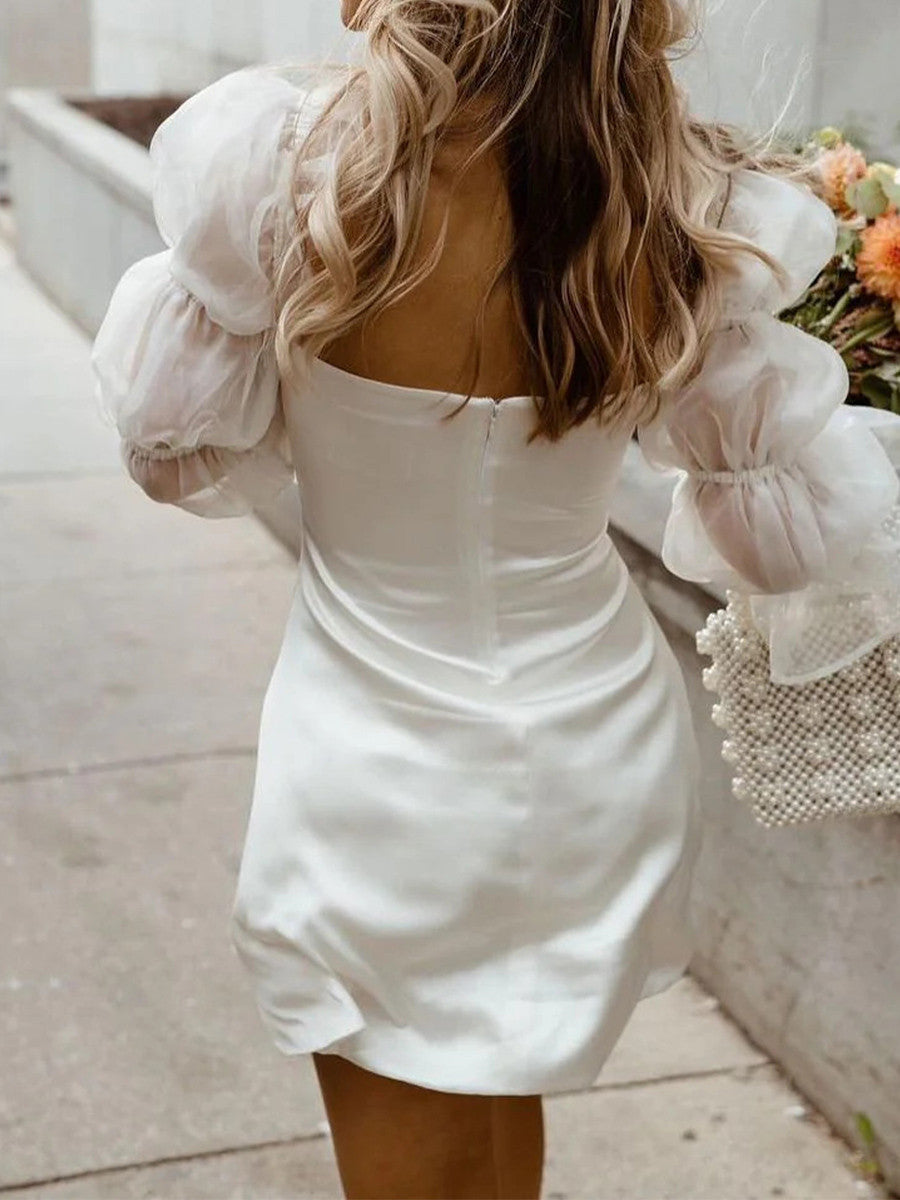 A-line Square Long Sleeves Ruffles Short/Mini Silk Like Satin Wedding Dress