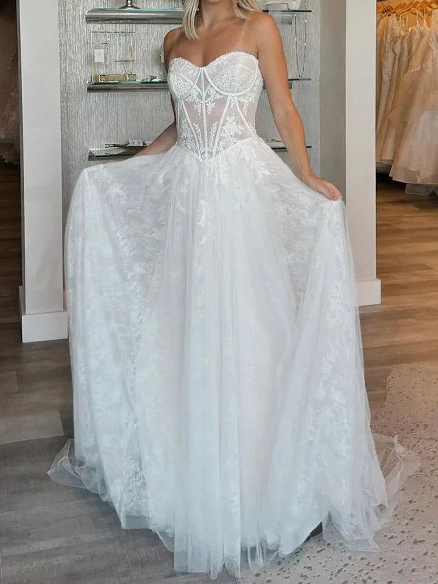A-line Sweetheart Appliques Lace Sweep Train Tulle Corset Wedding Dress
