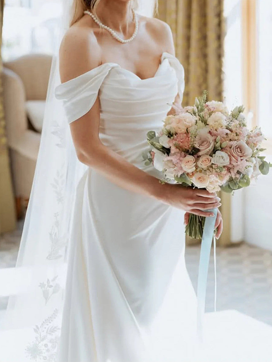 Sheath Off-the-Shoulder Pleated Chapel Train Silk Like Satin Corset Wedding Dress