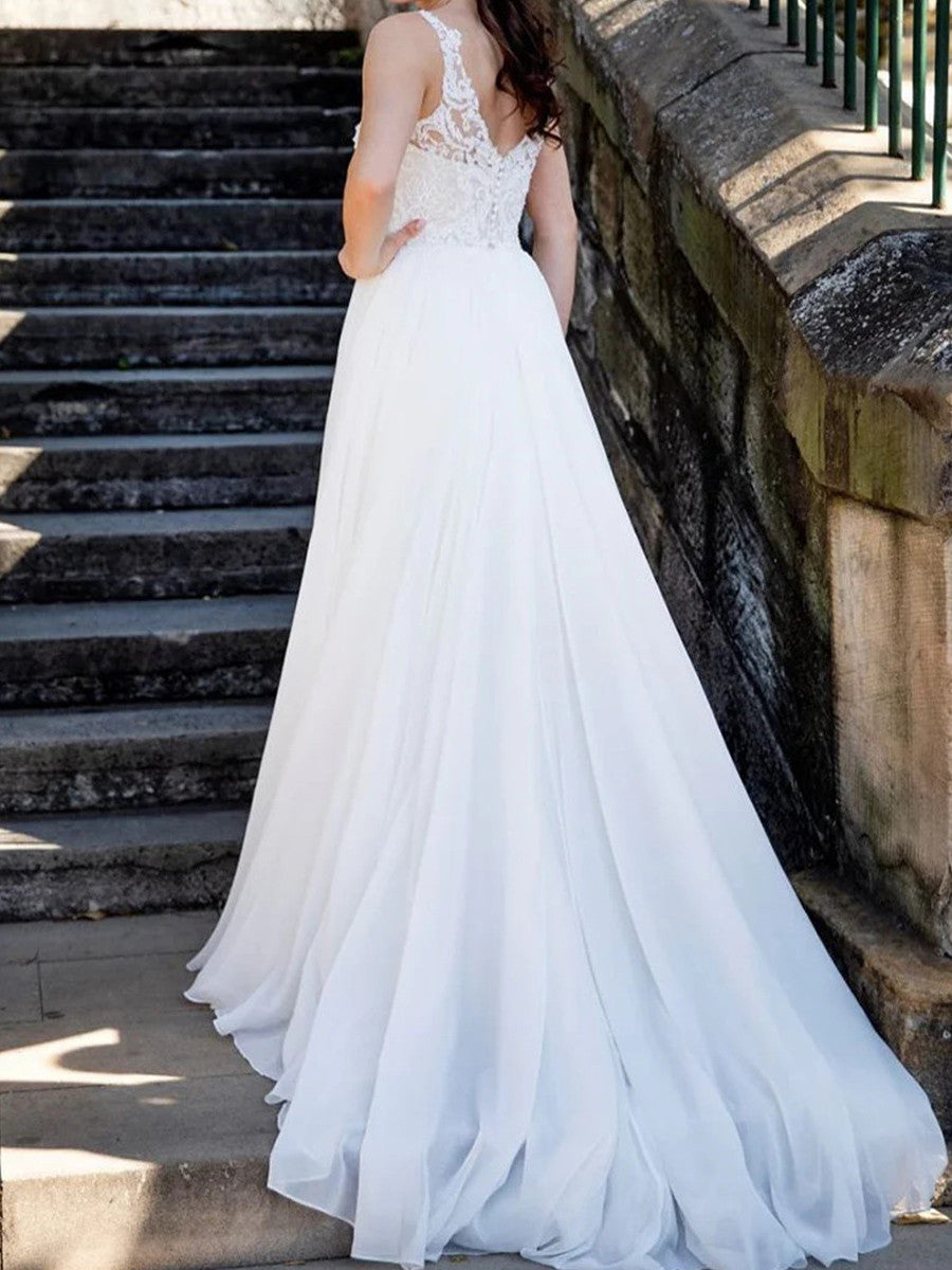 A-line V-neck Appliques Lace Sweep Train Chiffon Wedding Dress