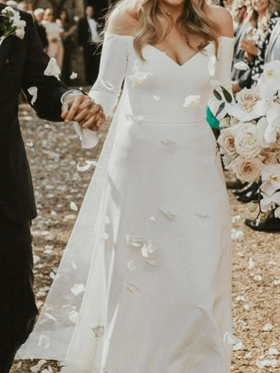A-line Off-the-Shoulder Long Sleeves Sweep Train Stretch Crepe Wedding Dress