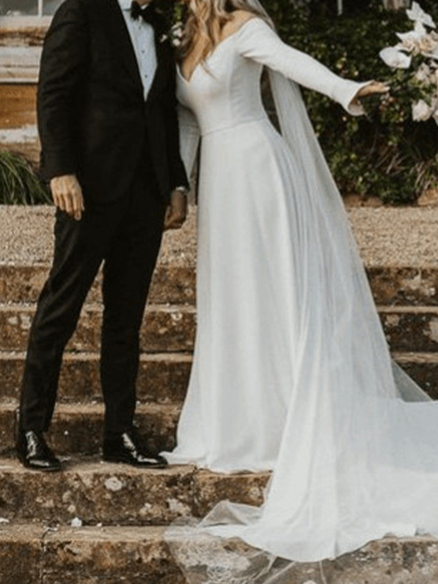 A-line Off-the-Shoulder Long Sleeves Sweep Train Stretch Crepe Wedding Dress