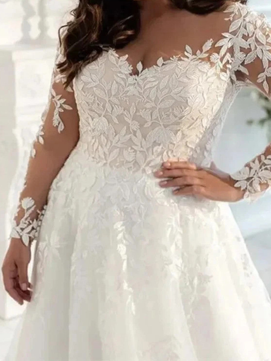 A-line Sweetheart Long Sleeves Appliques Lace Sweep Train Tulle Corset Wedding Dress