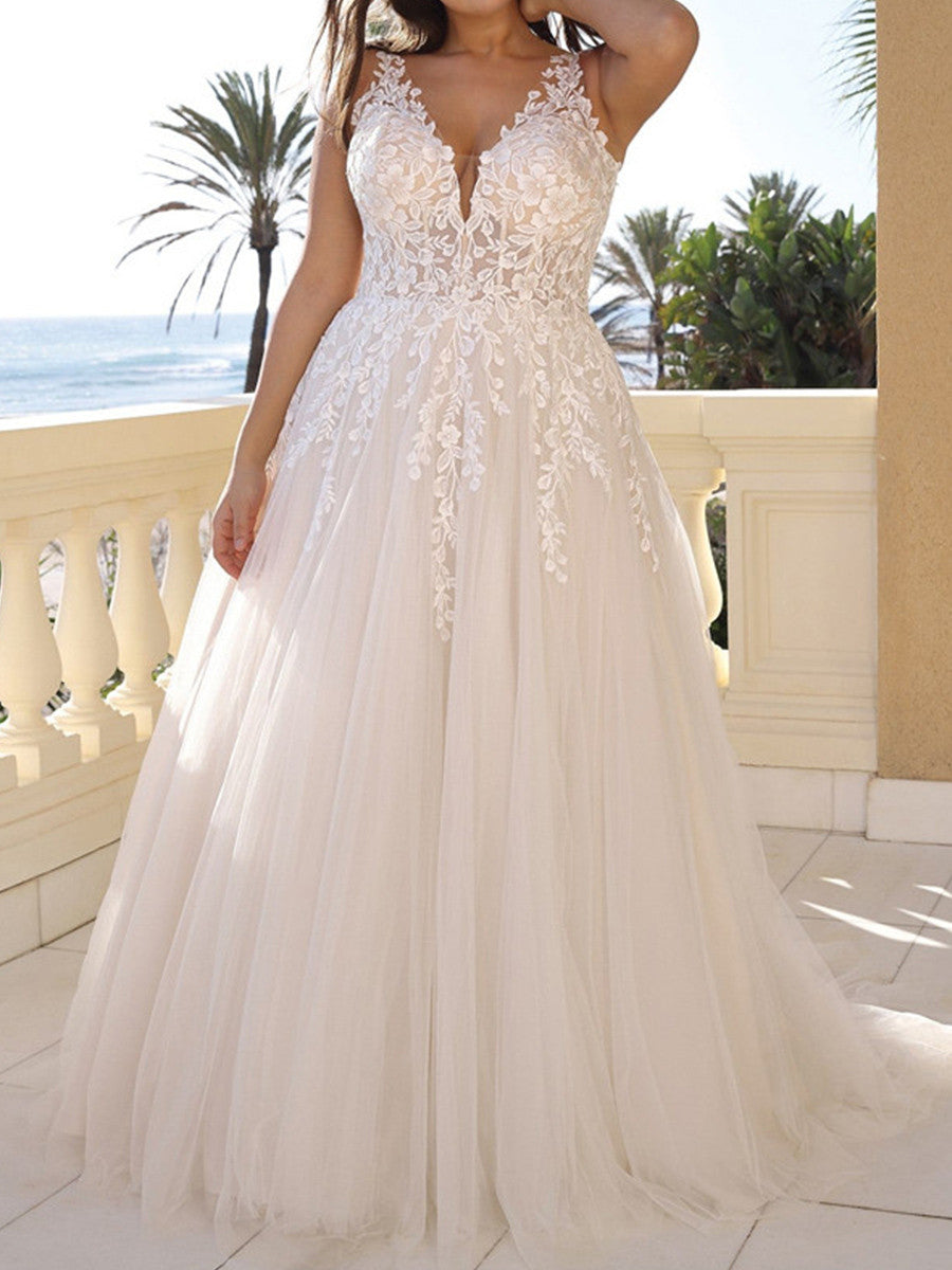 A-line V-neck Appliques Lace Sweep Train Tulle Corset Wedding Dress