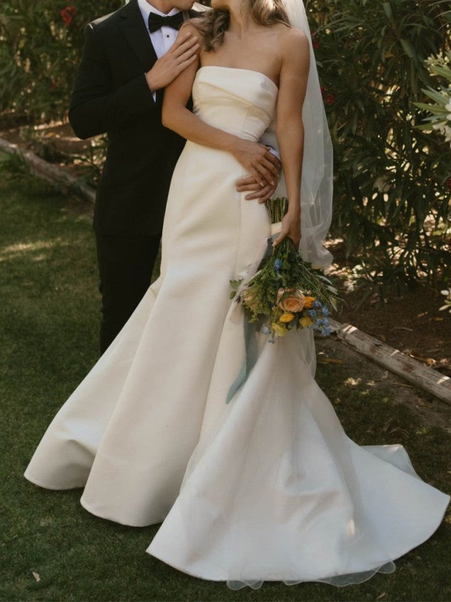 Mermaid Straight Pleated Sweep Train Satin Corset Wedding Dress