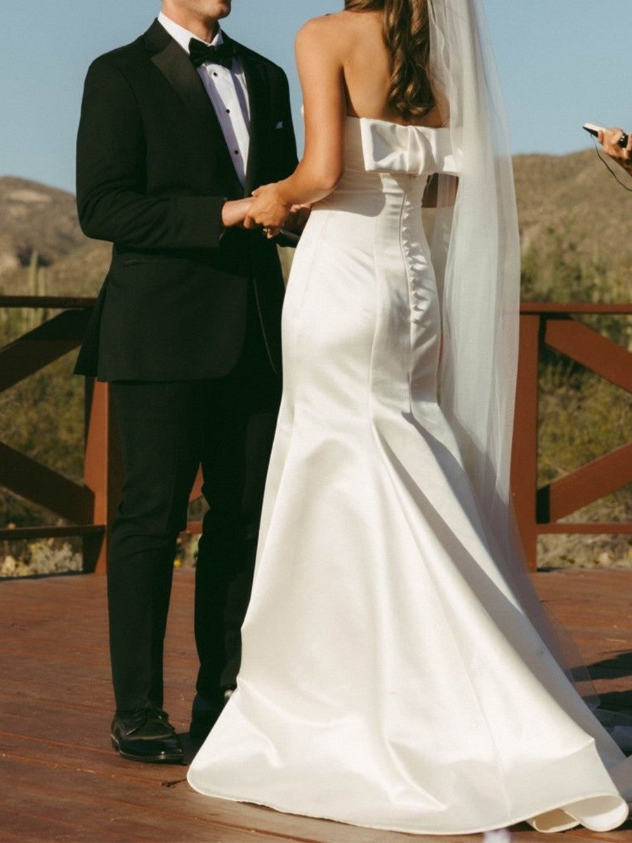 Mermaid Straight Pleated Sweep Train Satin Corset Wedding Dress