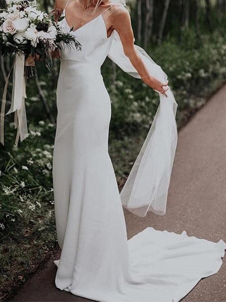 Sheath Spaghetti Straps Court Train Stretch Crepe Wedding Dress