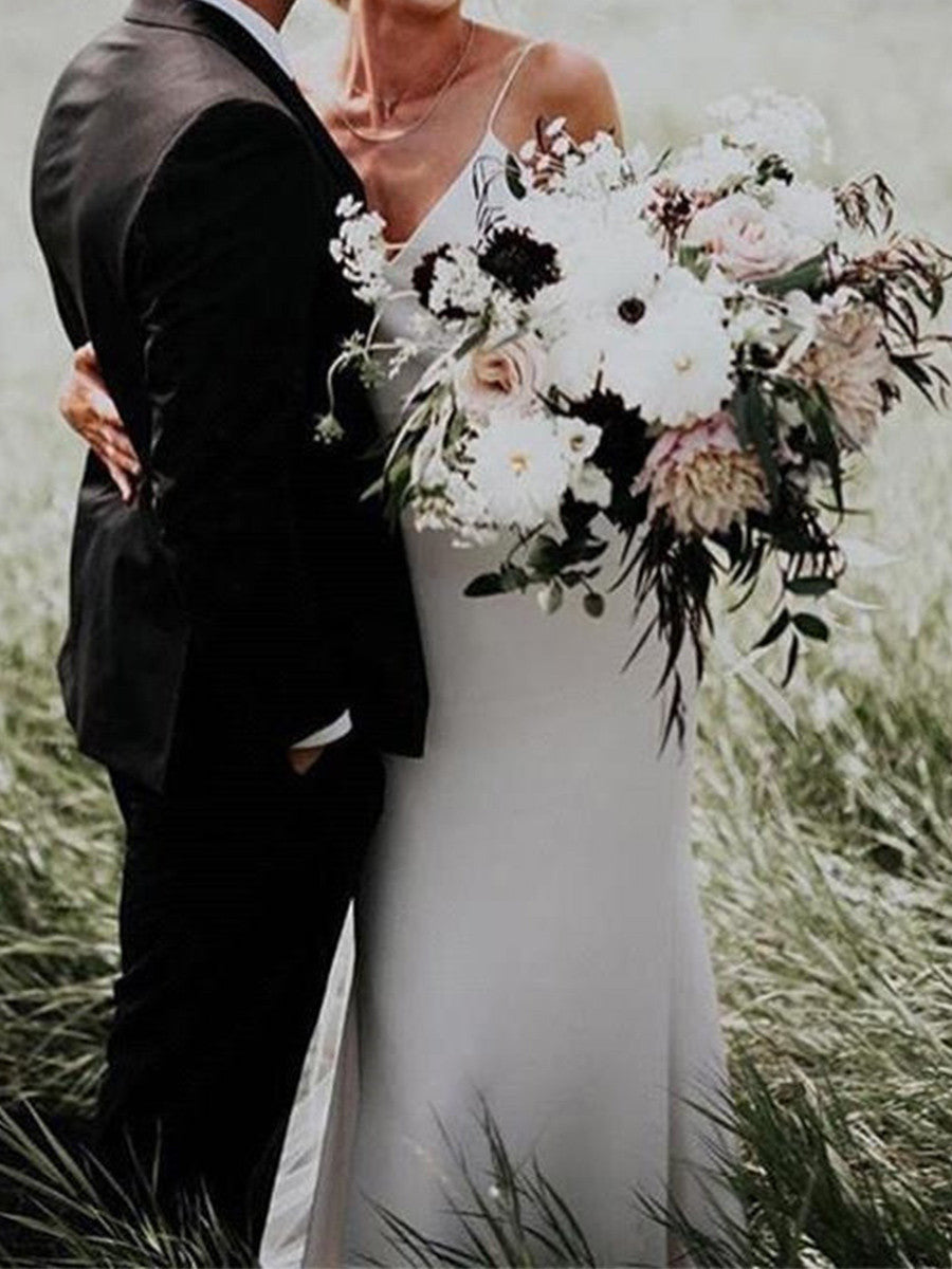 Sheath Spaghetti Straps Court Train Stretch Crepe Wedding Dress
