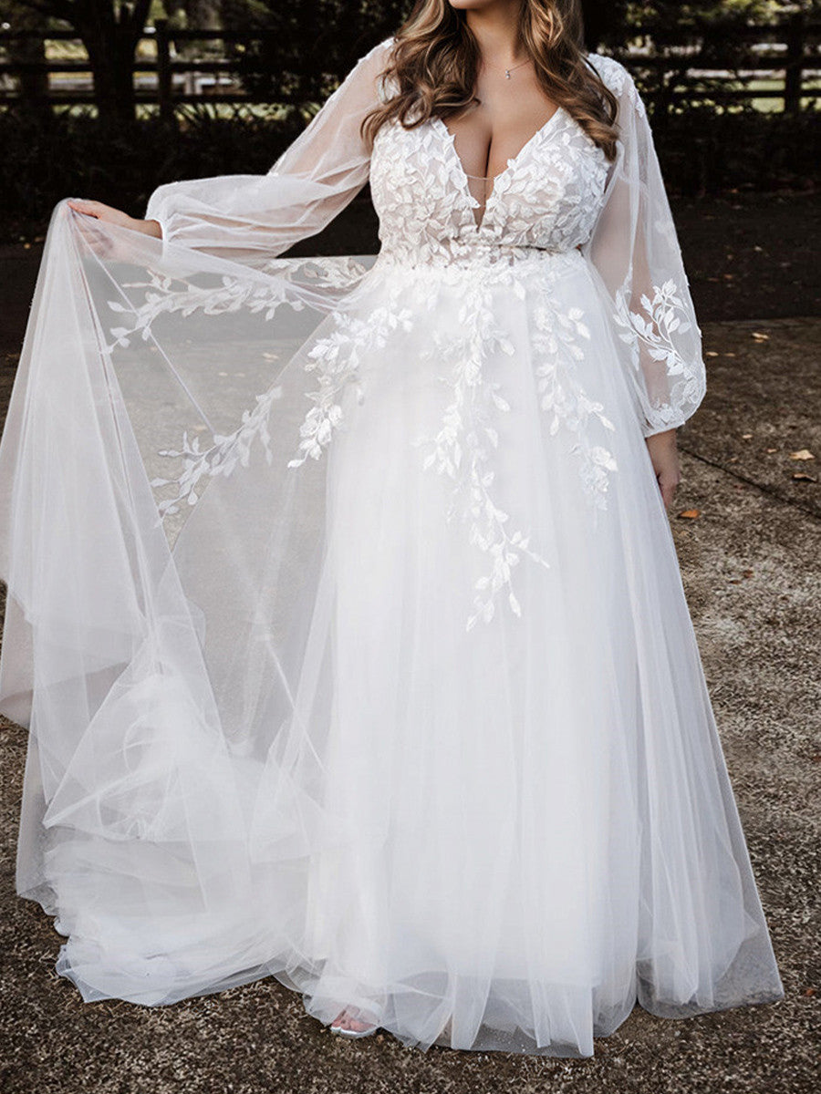 A-line V-neck Long Sleeves Appliques Lace Floor-Length Tulle Wedding Dress