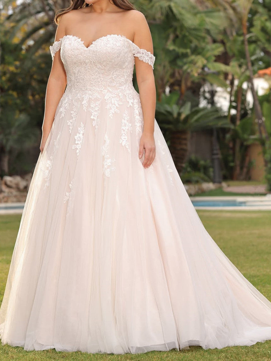A-line Off-the-Shoulder Appliques Lace Sweep Train Tulle Corset Wedding Dress